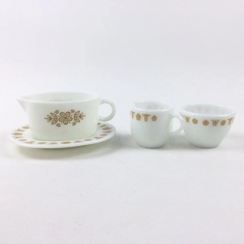 Pyrex Corning Gold Golden Butterfly Sauce Gravy Boat Under Plate Creamer Sugar
