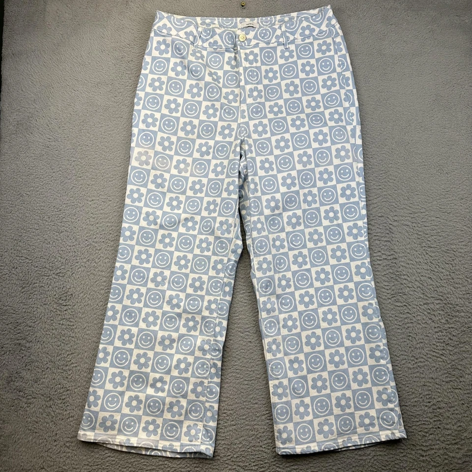 Forever 21 裤子女式 16 蓝色白色笑脸花朵印花高腰弹力 — 第 2/4 张图片