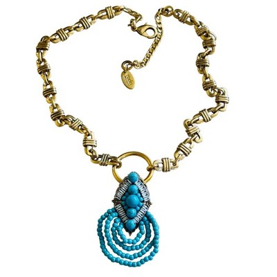 Rada Italy Regal Necklace Blue Howlite Beaded Boho Statement Brass Collar 21''