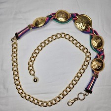 Vtg Gold Coin Chain Belt MultiColor Braided Cord Medallion Statement Taiwan Made