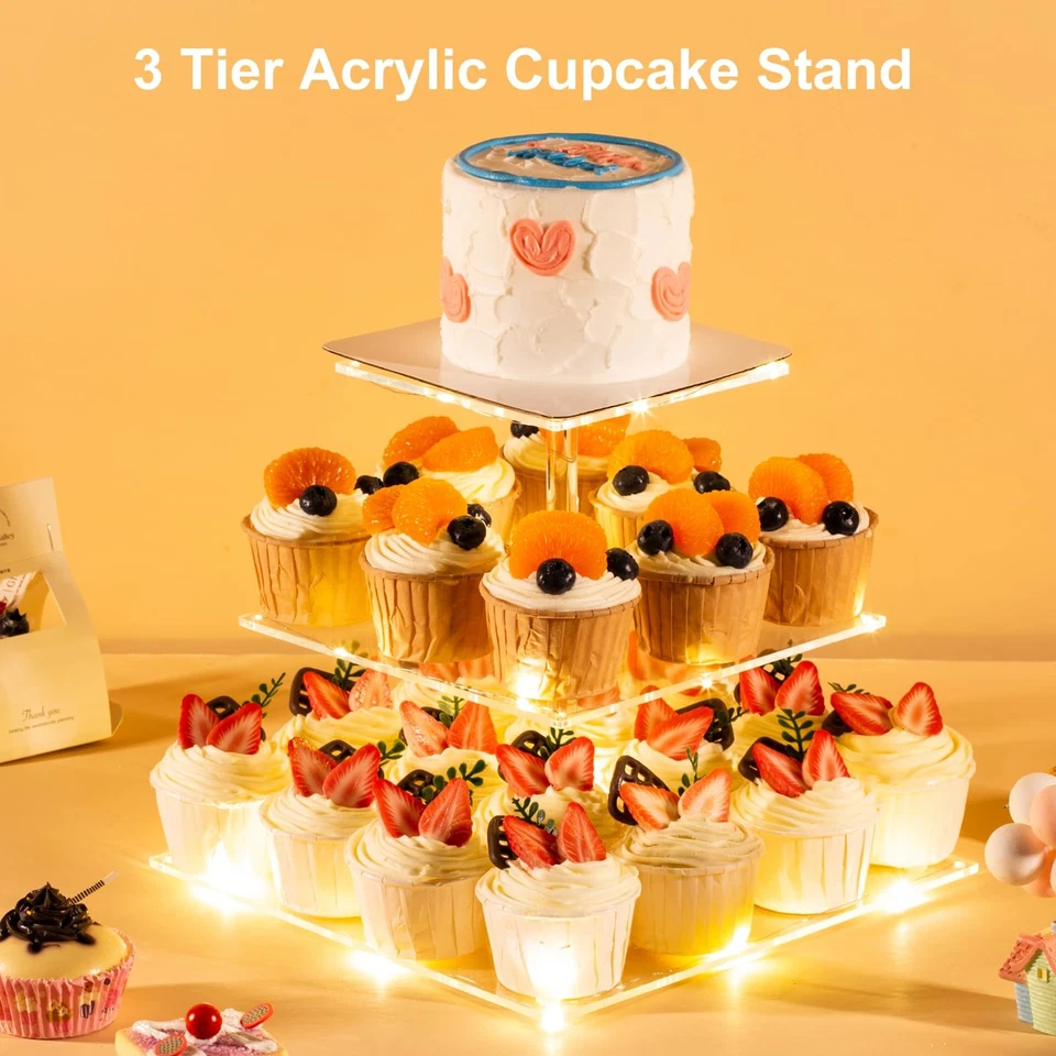 3 Tier Clear Acrylic Cupcake Holder w/ Yellow LED, Dessert Stand for 24 Cupcakes - Image 4 of 4
