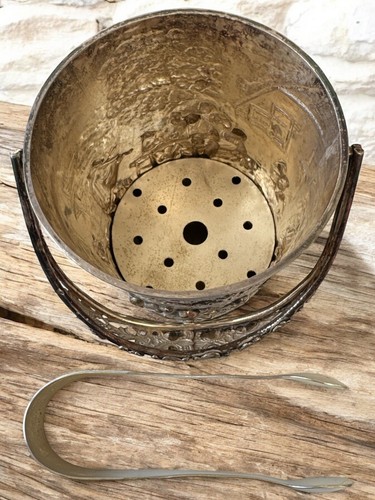 Vintage Denmark Silver plate ice Bucket w/ Handle & Tongs Villagers Rare Antique - Picture 7 of 9