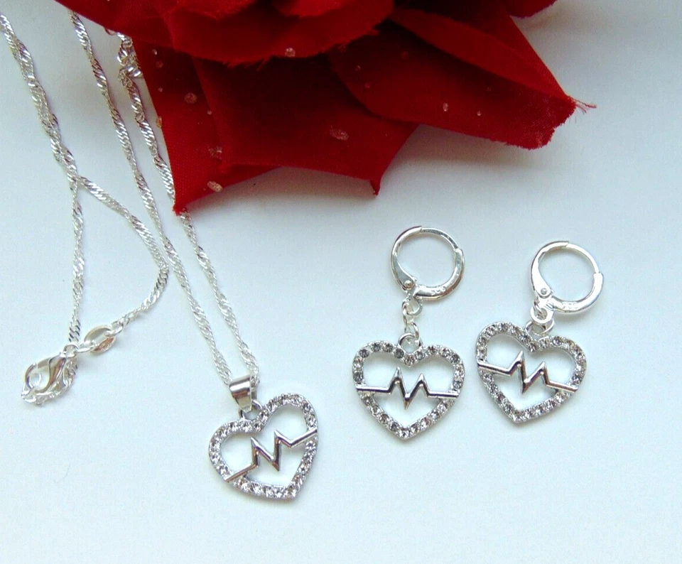 925 Silber Schmuck Set Herz Schlag Rhythmus Zirkon  Kette Anhänger Creolen - Bild 3 von 4