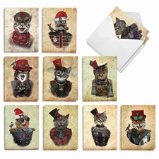 20 Christmas Cards (10 Designs, 2 Ea) - Christmas Steampunk Cats AM6554XSB-B2x10