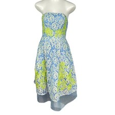ASOS Strapless Dress Blue Green Ivory Floral Lace Embroidered Tulle Women's Sz 4