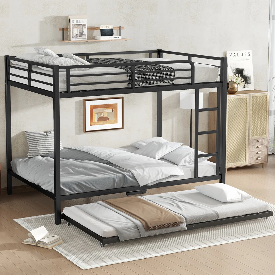 Full over Full Metal Bunk Bed with Twin Size Trundle,Black Bed Frame for Bedroom - Image 3 of 4