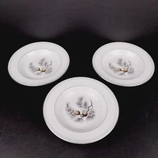Vintage 3-pc Narumi Silver Pine Rimmed 8.5" Soup Cereal Bowls Pinecones Japan
