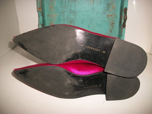 Zara Fuschia Satin Side Zip Pointy Flat Ankle Boots 7M - Picture 7 of 9