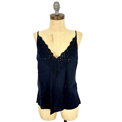 SPLENDID Taylor Eyelet Tank Top L V-Neck Woven Cami Navy Blue NEW Tag B61