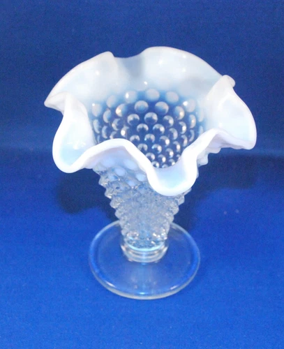Vintage Fenton Hobnail white opalescent Ruffled Rim Glass Bud Vase 4”