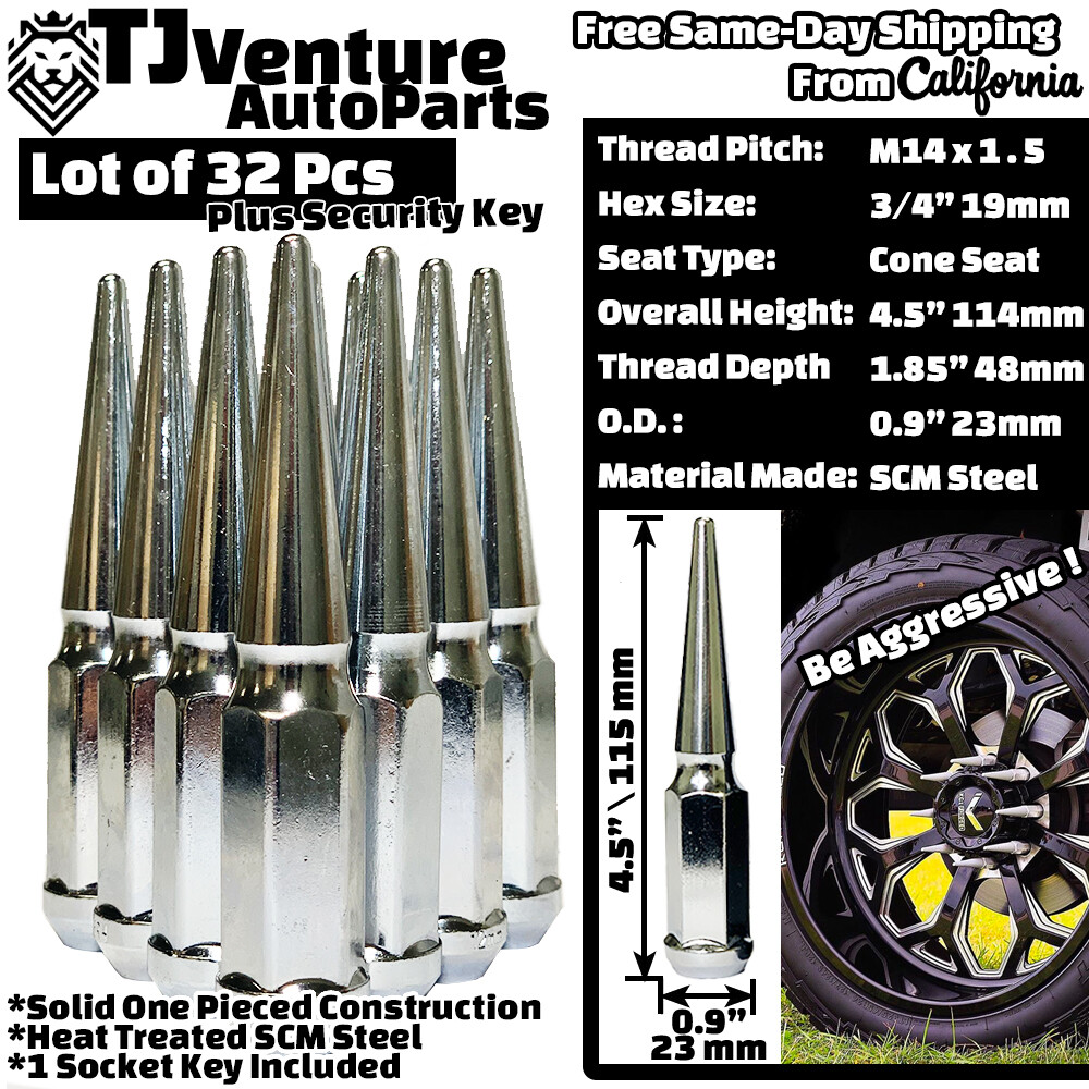 32Pc Chrome 6 Tall M14x1.5 XL Spike Lug Nut+Key Fit Suburban