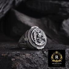 Double Headed Eagle Animal Engraving,Black Zircon Stone,925 K Silver Men's Ring