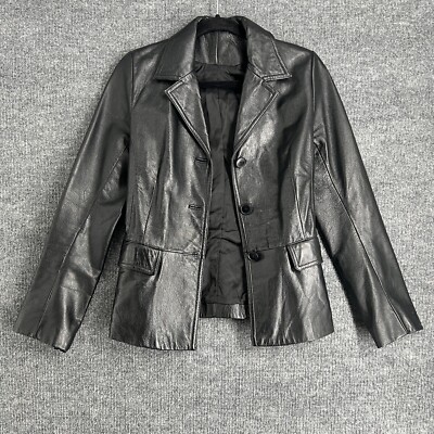 VTG Danier Leather Womens Jacket Blazer Size Small Black Lined 3-Button Pockets