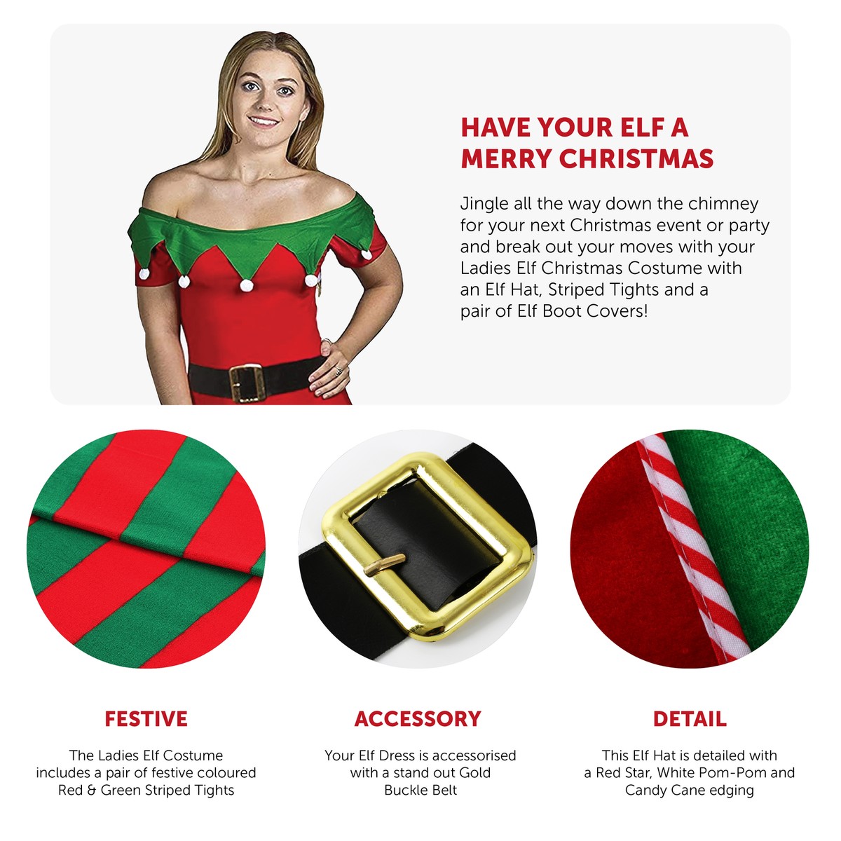 LADIES CHRISTMAS ELF COSTUME FANCY DRESS TUNIC BOOTS TIGHTS XMAS PARTY  OUTFIT