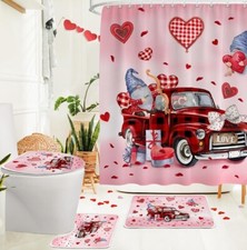 4PCS Valentine's Day Pink Gnome Farmhouse Shower Curtain Set with Non-Slip Rugs