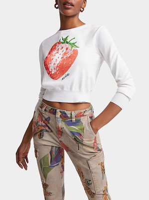 Desigual Damen Pullover weiß Strick Cropped Erdbeere Größe XL 22SWJF28