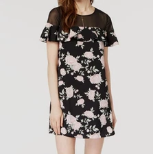 Kensie Women's Feminine Black Short-Sleeve Romantic Ruffled Illusion Dress Sz M