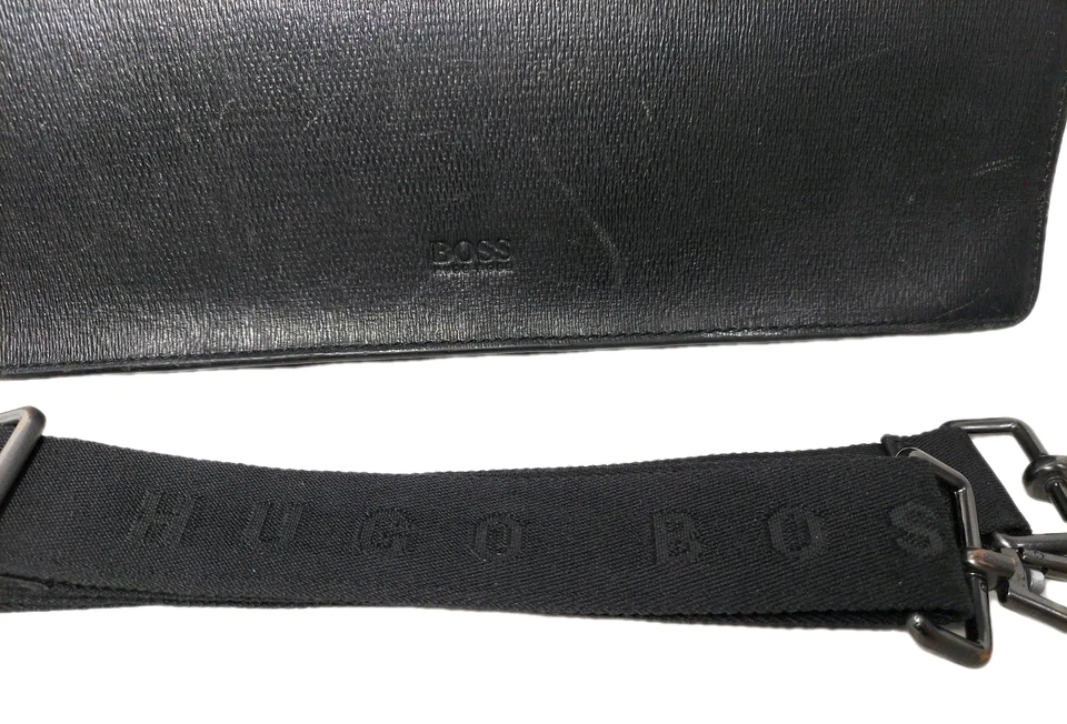 Hugo Boss Bingorten 公文包漆皮黑色皮革信使翻盖肩带 — 第 2/4 张图片