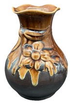 Decorative Raku Brown Drop Glaze Flower Pattern Pottery Vase Vintage MCM