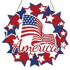 4th of July Hanging Door Sign Wooden Independence Day Decorations Patriotic M...