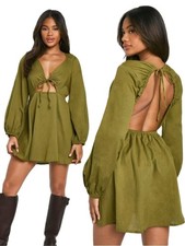 Boohoo Linen Cotton Tie Front Puff Sleeve Backless Mini Dress Size 4 Olive Green