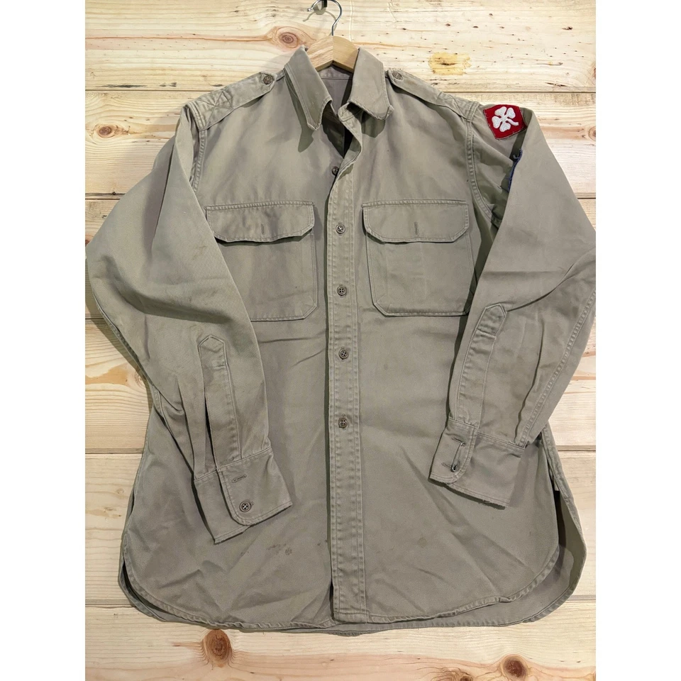Vintage US Army Shirt Military Patches Utility Workwear Beige Cotton Mens Large - Image 2 of 4