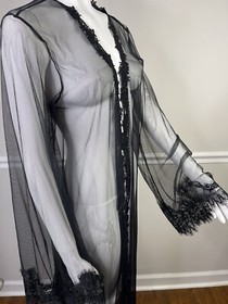 Black Sheer Lace Mesh Robe Sexy Open Cover Up Long Sleeve Nightgown M