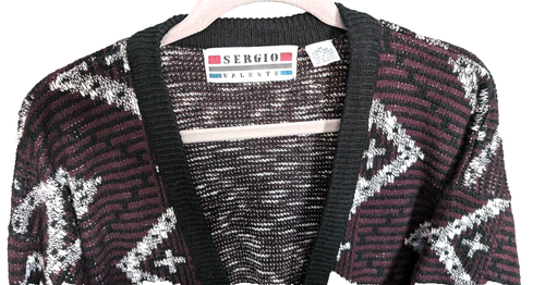 Vintage Sergio Valente Sweater Medium 38-40 Purple Black White V Neck Geometric - Picture 2 of 4