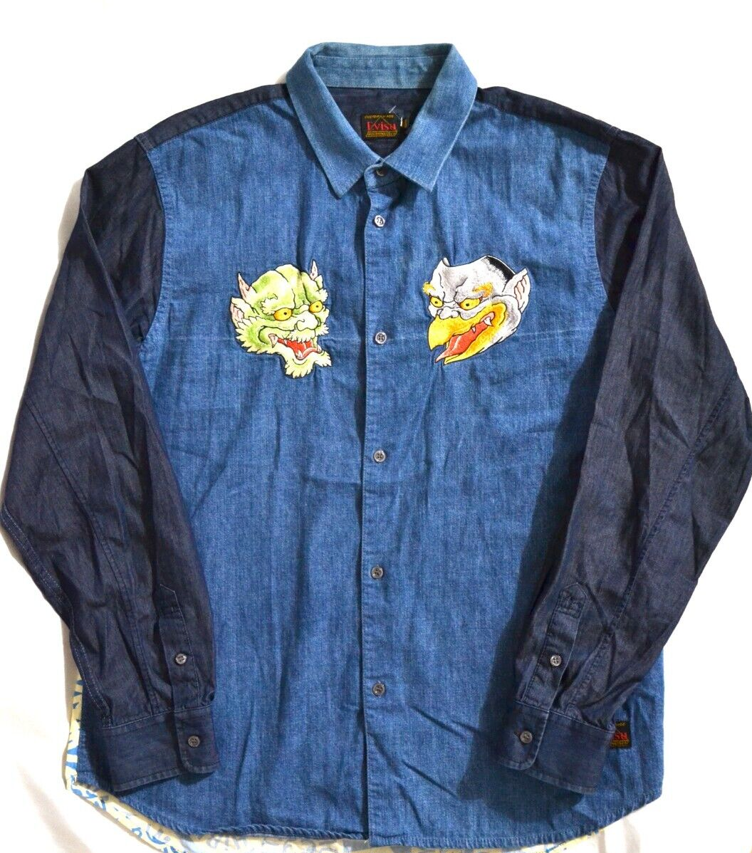 EVISU MIGHTY ICHIBAN Embroidered Cotton Shirt Men's Size XL Blue