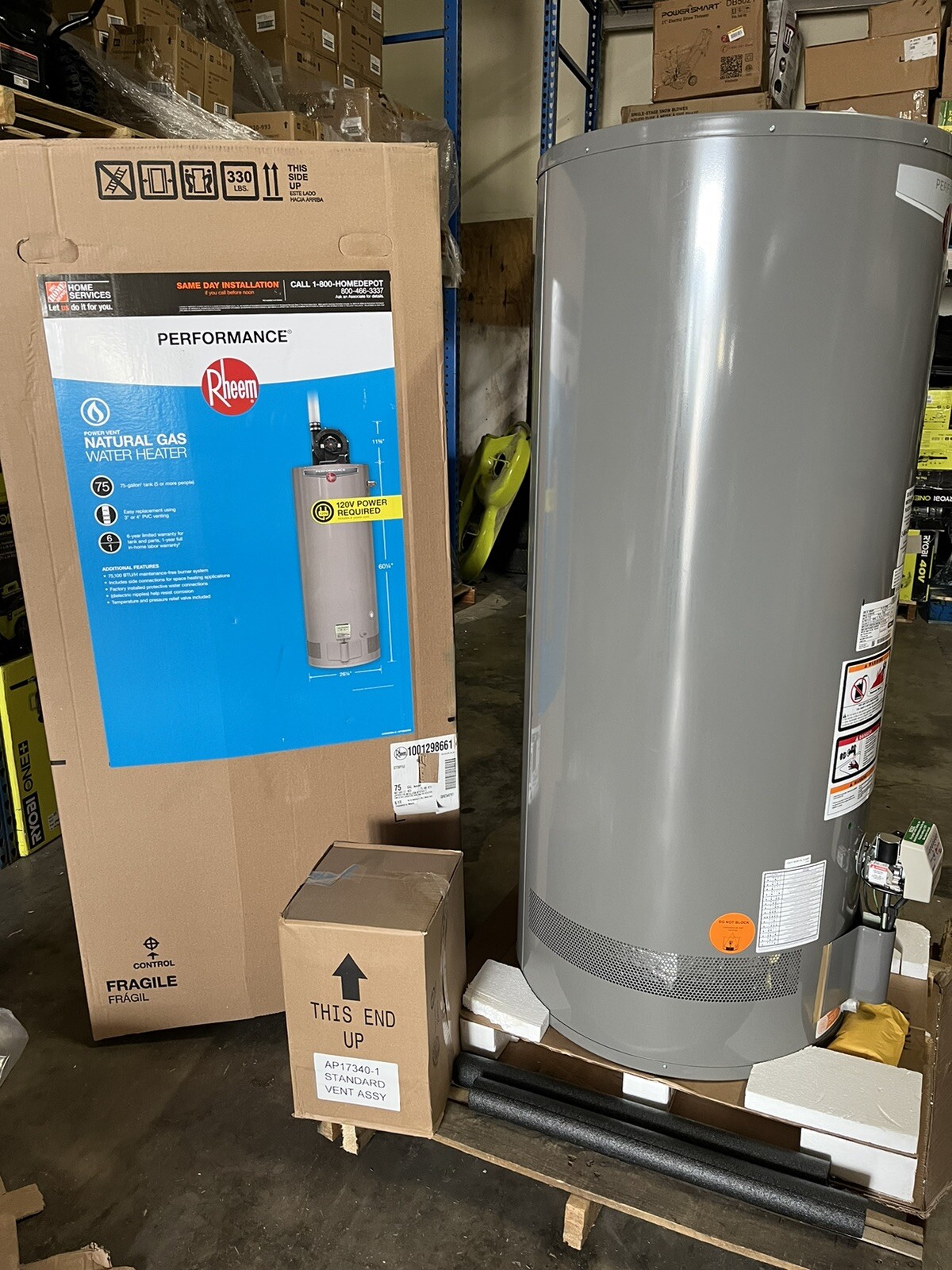 Rheem 75 Gallon, 75,000 BTU Gas Water Heater XG75T06PV76UO- with power vent  | eBay