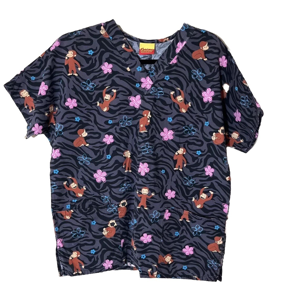 Curious George Scrub Top women Monkey Banana Flower Black Sz S
