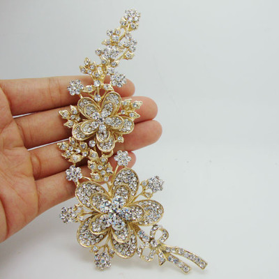 Luxury Rose Long Flower Leaf Gold tone Brooch Pin Clear Rhinestone Crystal
