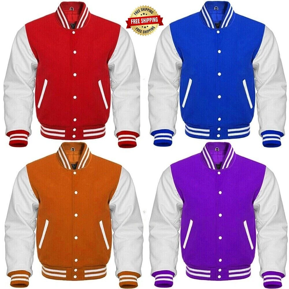 Leather Sleeves Varsity Jacket White Mens Baseball Jacket Wool Blend