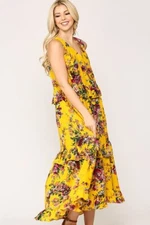 GIGIO Yellow Floral Maxi Dress Size L Ruffles Cottagecore Fairy Tiered Loose
