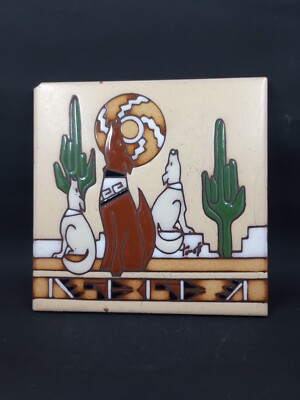Howling Coyotes & Saguaro Cactus Ceramic Tile-Trivet Earthtones  Southwestern 6''