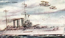 Postcard British Royal Navy HMS Sussex w/ WWI Aircraft - Bannister Art