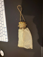 Vintage Mesh Chatelaine Coin Purse Art Nouveau white enamel metal mesh