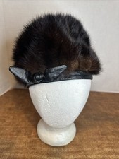 Vintage Marshall Field  Company Black Brown Fur Hat W Leather Bow Possibly Mink