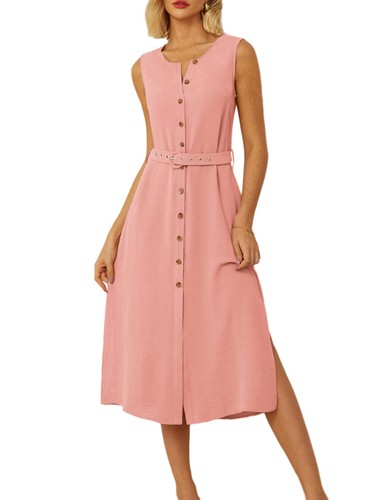 Ladies Dresses Pink Womens Casual Button Down Dress Split Loose Casual Beach ...