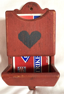 Vintage Red Wood Wooden Match Box Holder Wall Mount Painted Folk Art blue HEART