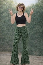 Urban Outfitters Flare Pants /Black Green Wavy Pattern Sz Small Groovy