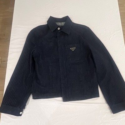 PRADA Dark Blue Striped Jacket Logo Button Point Collar Size M Retail $2150