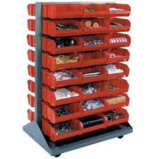 Double-Sided Mobile Rack with (24) Red Bins 36x25-1/2x55