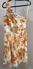 Tahari ASL Levine Floral One Shoulder Rosette Dress Size 8 Orange Ivory Party
