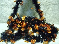 Vintage Halloween Party Garland Tinsel Pumpkins Metalic Black Orange 15 Feet USA