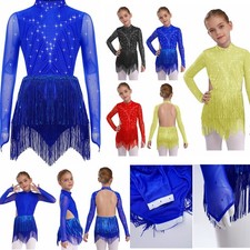 Kids Girls Shiny Backless Tassel Skirted Leotard Samba Latin Jazz Dance Bodysuit