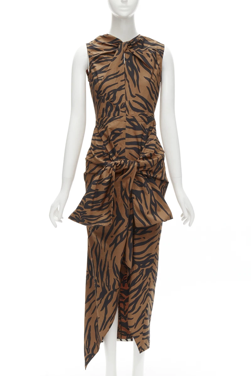 rare OLD CELINE Phoebe Philo 2016 Runway brown tiger twist bow dress FR34 XS