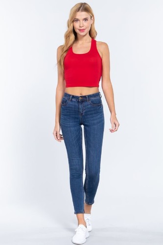 Slim Fit Women's Round Neck Racerback / Halter Neck Soft Cotton Crop Tank Top - Picture 62 of 94