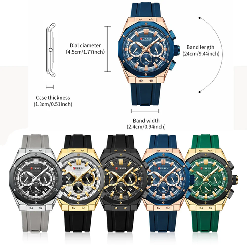 CURREN Men Blue Watch Multifunction Wristwatch Silicone Strap Male Sport Watches - Picture 5 of 26