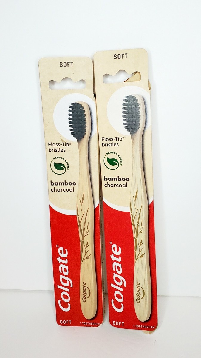 2x Colgate Bamboo Toothbrushes Activated Charcoal, SOFT Floss-Tip
